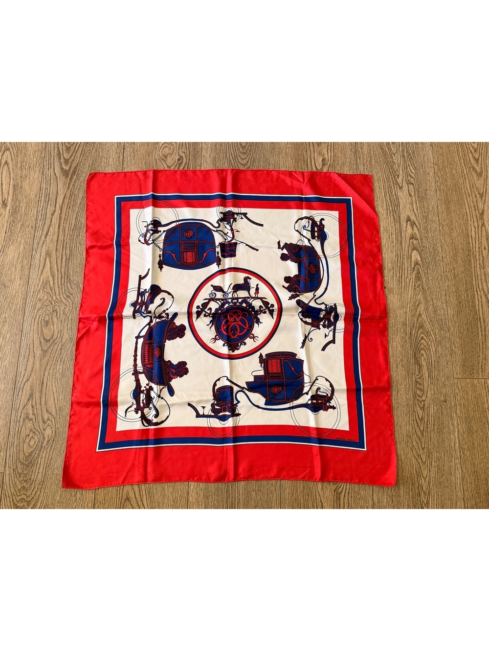 Hermès Ex Libris Silk Scarf Vintage Red Navy Ivory Carriages
